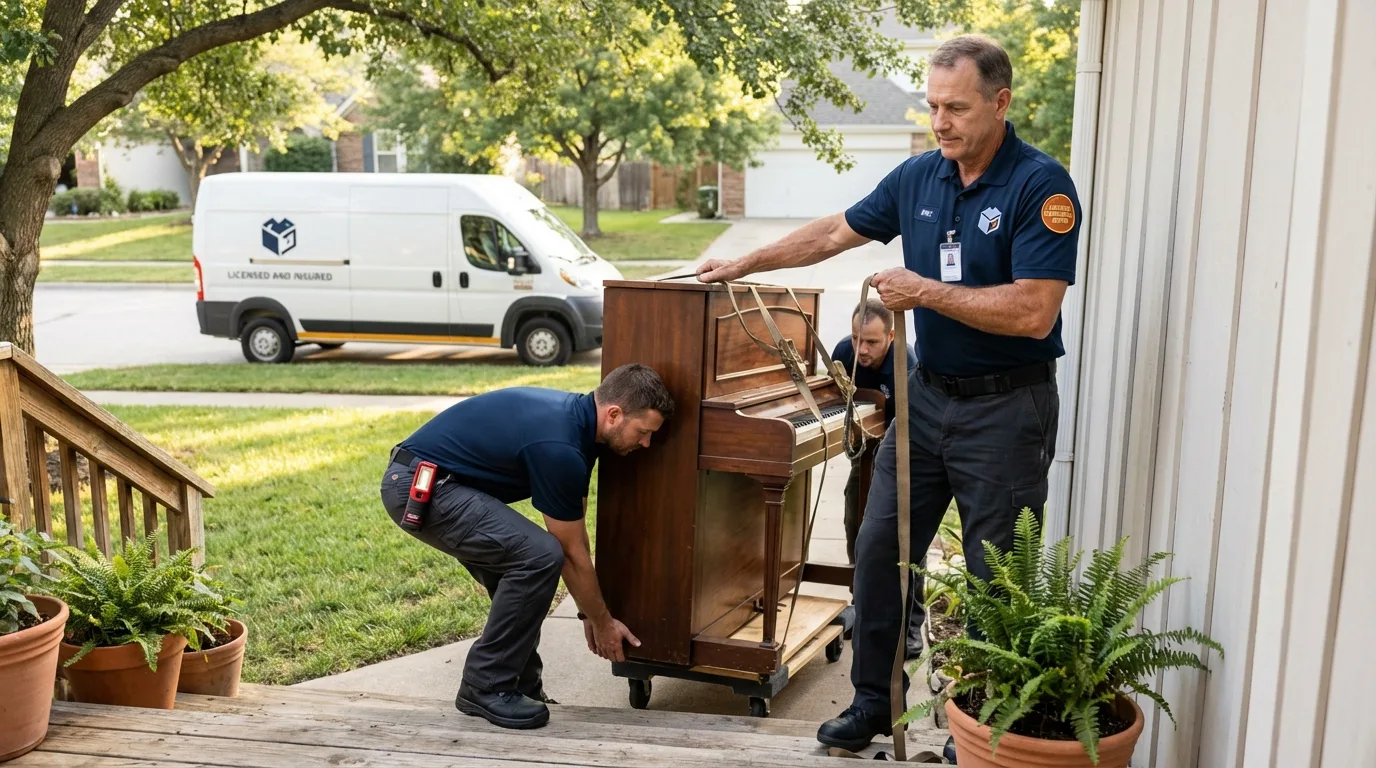 Licensed piano movers securing grand piano in Middleport, OH
