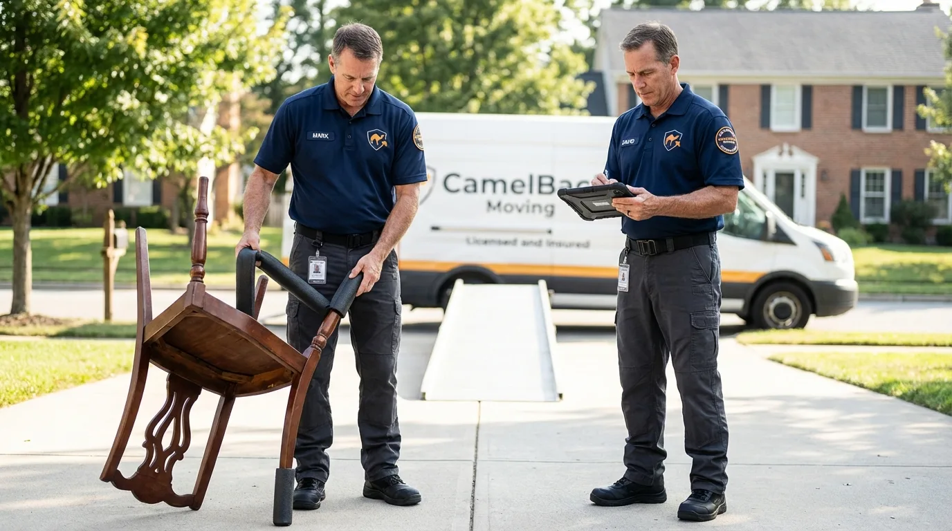 Movers inspecting furniture for damage prevention before loading in Middleport, OH