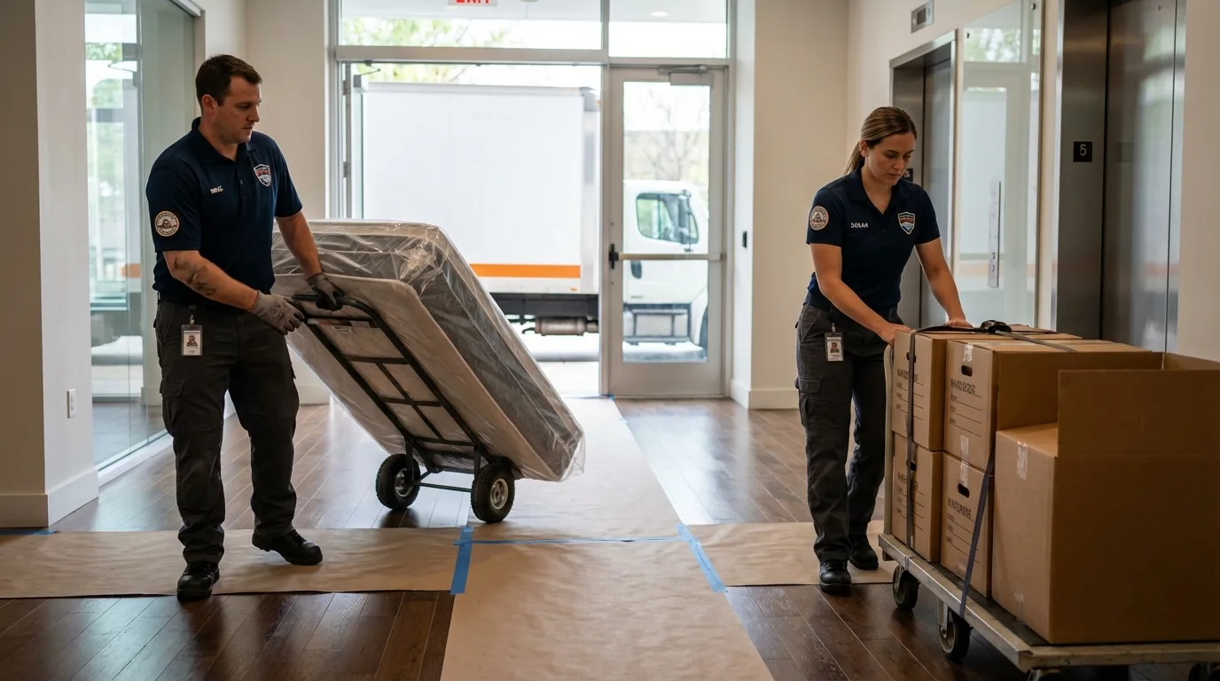 Professional apartment movers loading elevator in Middleport, OH