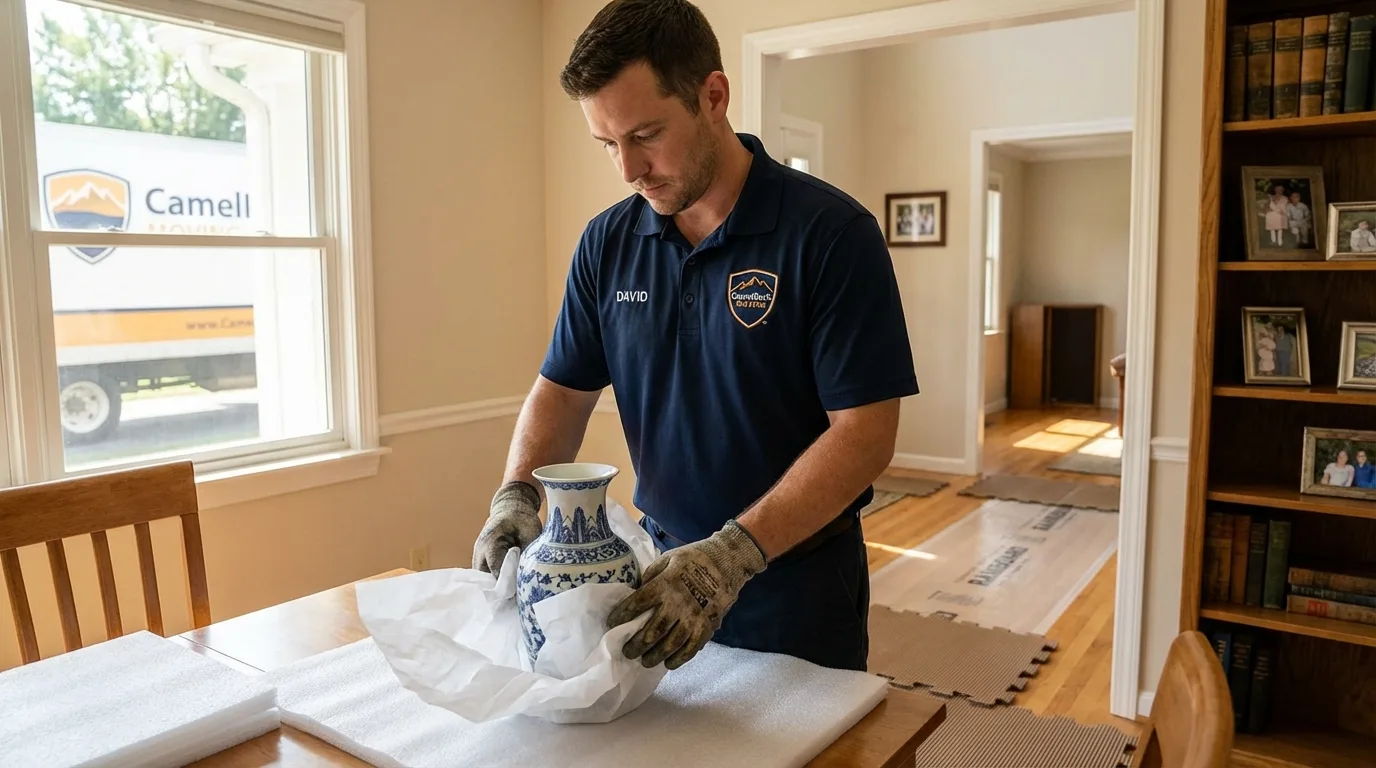 Professional crew carefully wrapping antique vase for senior downsizing move in Middleport, OH